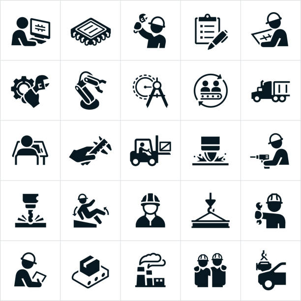 manufacturing symbole - symbol computer icon icon set monochrome stock-grafiken, -clipart, -cartoons und -symbole