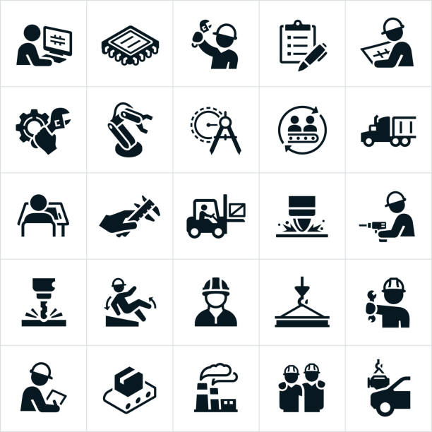Manufacturing Icons A set of manufacturing icons. The icons include engineers, workers, design, manufacturing, computer chip, cog, work tools, robotics, automation, drawing compass, assembly line, semi-truck, fork lift, welding, drill, safety, accident, materials, factory and other manufacturing industry related icons. robotics stock illustrations