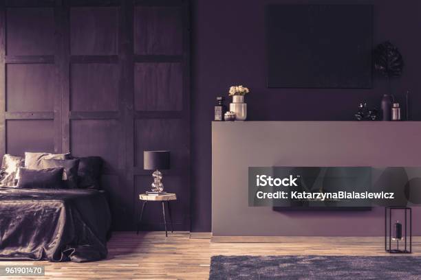 Mockup In Elegant Bedroom Interior Stock Photo - Download Image Now - Bedroom, Black Color, Fireplace
