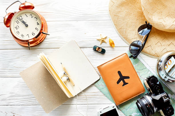 istock time to travel concept, space for text. map camera passport money phone with empty screen sunglasses and clock hat shells car toy on white wooden background. hello holiday, planning vacation 961904654