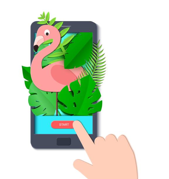 istock Tropical paradise paper background with leaves and exotic birds in mobile phone and hand. Flamingo look out over the thickets of the jungle from screen. Vector card illustration in paper art style 961914180