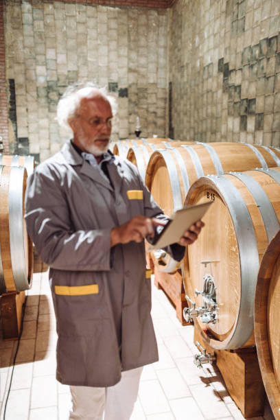 istock wine maker in a wine cellar with the tablet checking the quality 961914714