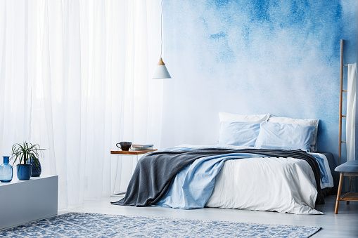 Plant on white cupboard in spacious blue bedroom interior with grey blanket on bed