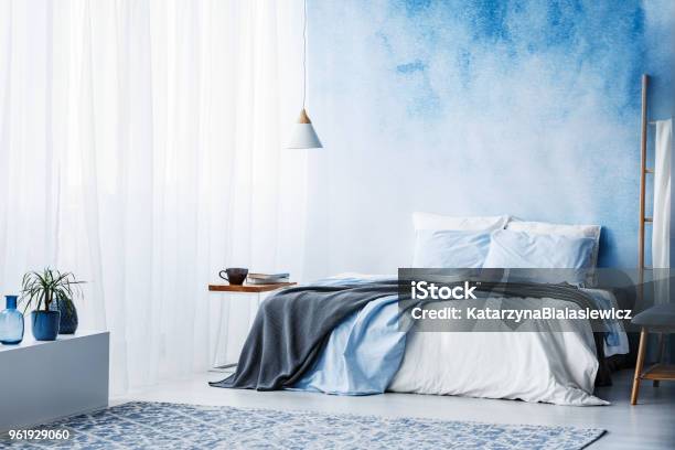 Plant On White Cupboard In Spacious Blue Bedroom Interior With Grey Blanket On Bed Stock Photo - Download Image Now