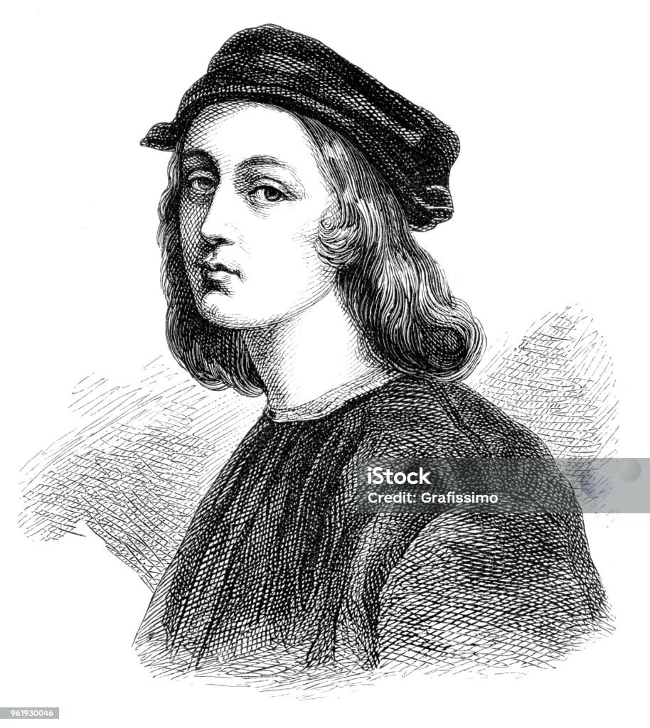 Italian painter Raphael portrait illustration 1882 Steel engraving self-portrait Raffaello Sanzio ( Raphael ) from the fresco "The School of Athens"" 1483 - 1520
Original edition from my own archives
Source : Illustrierte Geschichte 1882 Raphael - Artist stock illustration