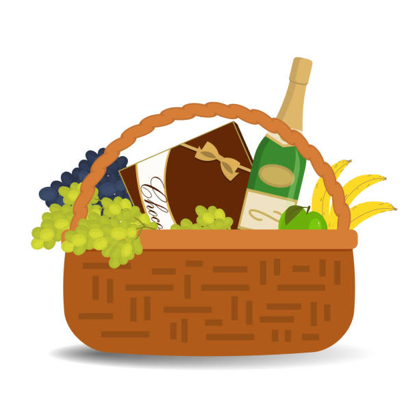 ilustrações de stock, clip art, desenhos animados e ícones de wicker basket with champagne and food - basket apple wicker fruit