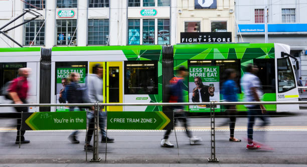 MELBOURNE, AUSTRALIA - MARCH 15, 2018 : Tram in Melbourne city center. Melbourne has the largest urban tramway network in the world. One of tourist attraction.