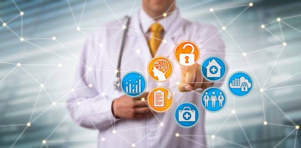Doctor Securely Accessing EHR Via AI In Network stock photo