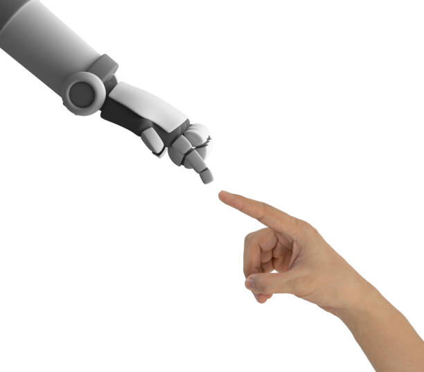 istock Human hand and robot's hand pointing to each other isolated on white background, artificial intelligence in futuristic technology concept, 3d illustration 961941398