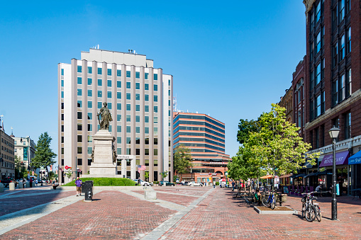 Portland, Maine - August 18: 2016: The Portland Soldiers and Sailors Monument located in the centre of Monument Square, on the former site of Portland's 1825 city hall.