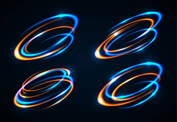 Circular lens flare. Vector light effect. The object's light stroke. Circular lens flare. Abstract rotational lines. Power energy element. Luminous sci-fi. Shining neon lights cosmic abstract frame. Magic round frame. the twist stock illustrations