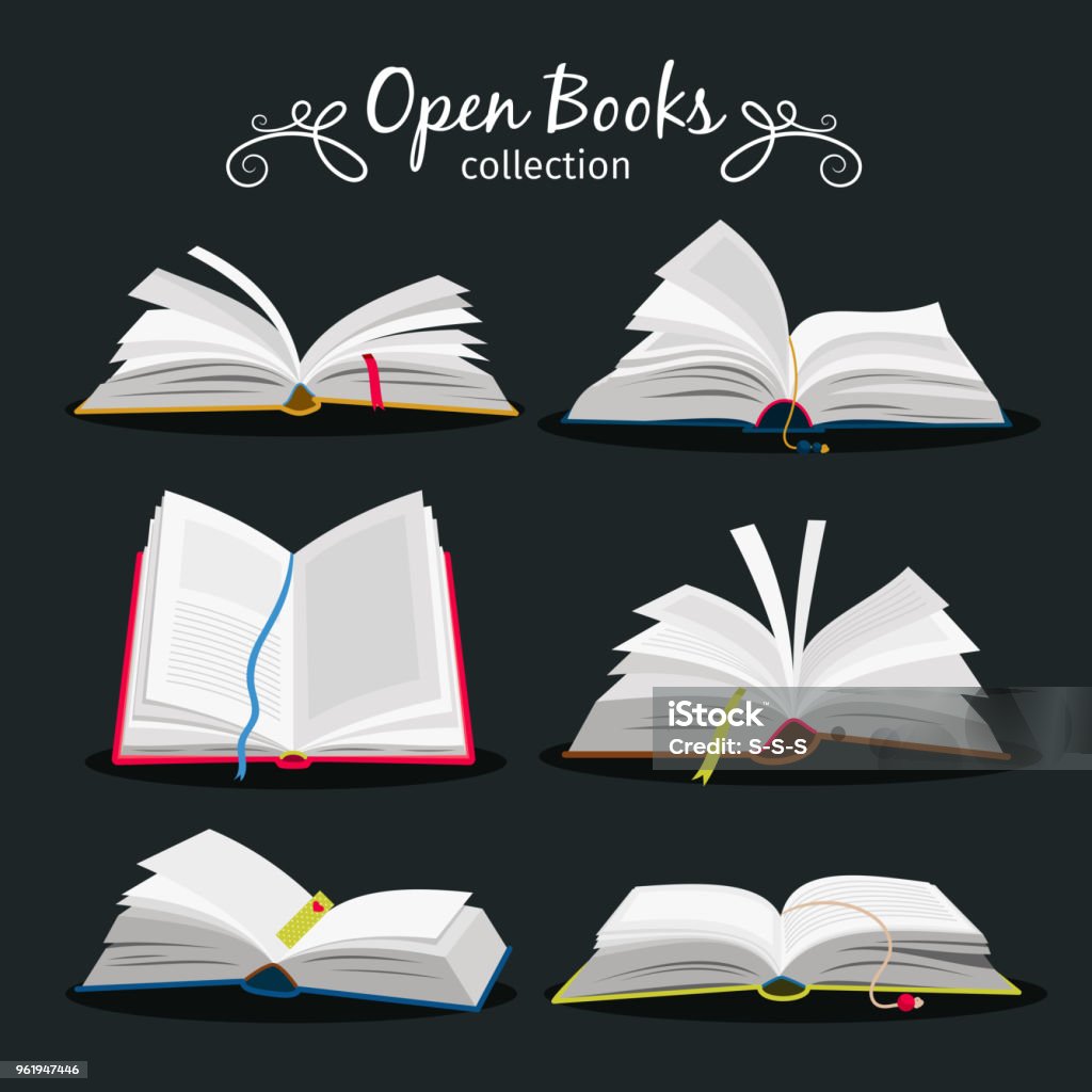 Open books. New open book set with bookmark between pages for encyclopedia and notebook, dictionary and textbook icons Open books. New open book set with bookmark between pages for encyclopedia and notebook, dictionary and textbook icons, booking story vector illustration Book stock vector