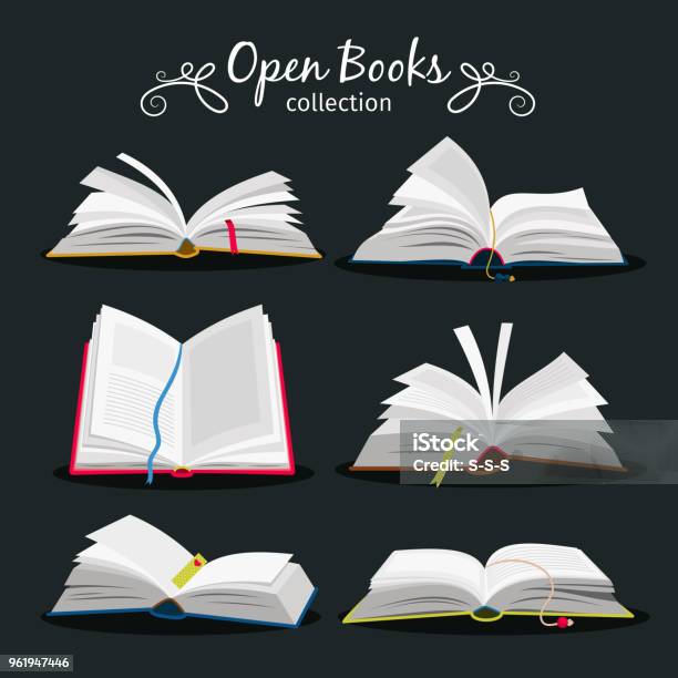 Open Books New Open Book Set With Bookmark Between Pages For Encyclopedia And Notebook Dictionary And Textbook Icons Stock Illustration - Download Image Now
