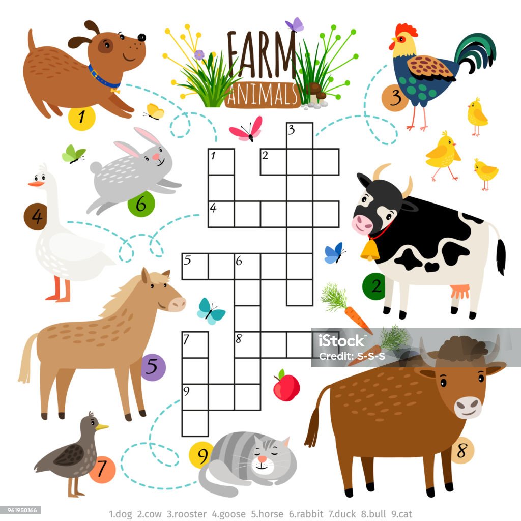 Farm Animals Crossword Kids Crossing Word Search Puzzle Game With Cat And  Cow Dog And Cock Horse And Duck Stock Illustration - Download Image Now -  iStock