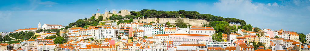 Panoramic vista over the terracotta rooftops of Baixa in the heart of Lisbon, Portugal’s vibrant capital city.