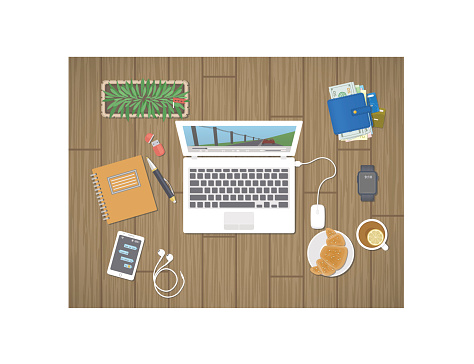 Desktop with laptop running the media player, personals, phone with messages, smart watch, headphones, notepad, tea, croissant. Relaxation, worktop, break, viewing film, play the game Top view Vector