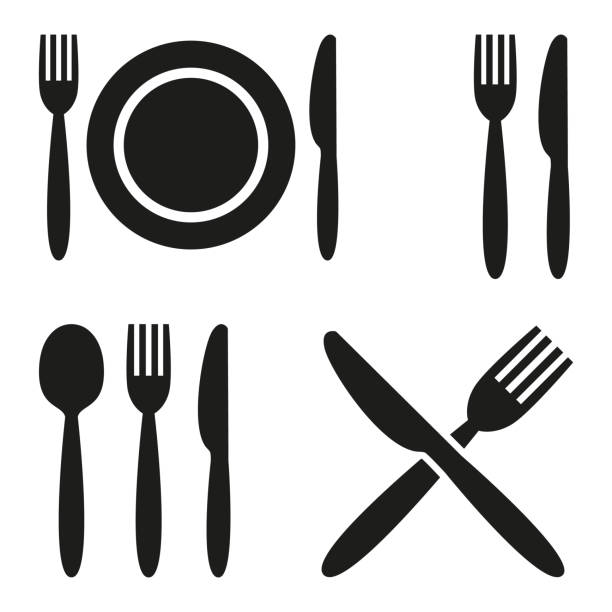 ilustraciones, imágenes clip art, dibujos animados e iconos de stock de iconos de plato, tenedor, cuchara y cuchillo. - alimento