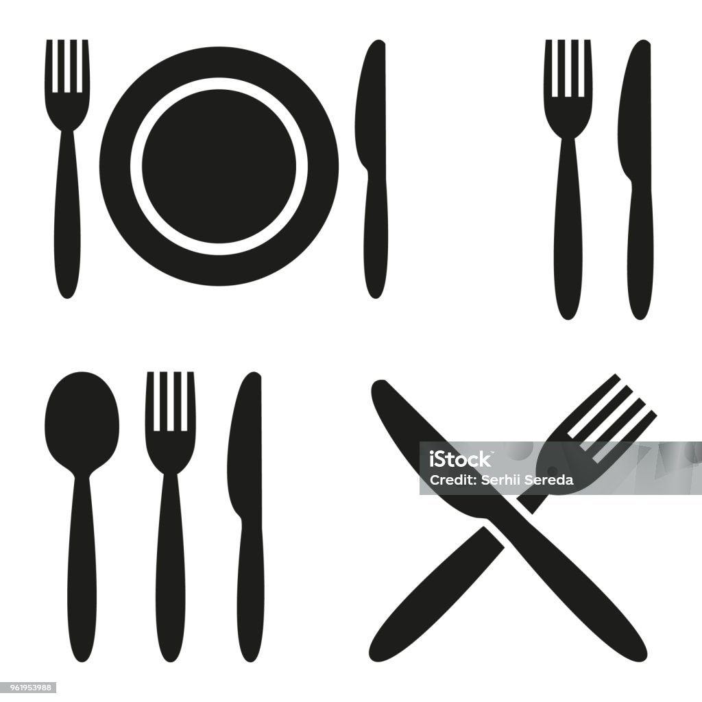 Icone di piatto, forchetta, cucchiaio e coltello. - arte vettoriale royalty-free di Icona