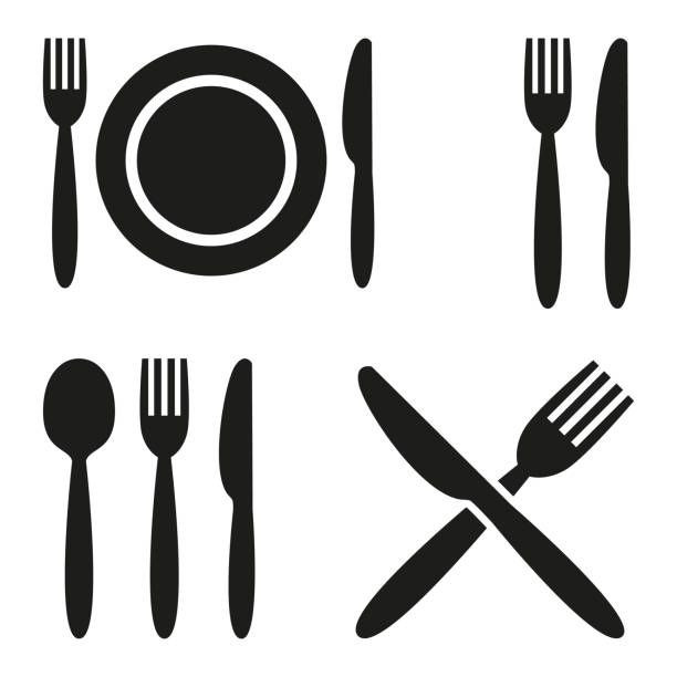 접시, 포크, 스푼 및 나이프 아이콘입니다. - plate silverware fork table knife stock illustrations