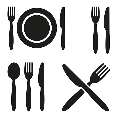 Plate, fork, spoon and knife icons on white background. Vector illustration