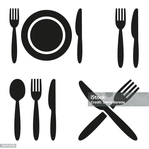 Plate Fork Spoon And Knife Icons Stock Illustration - Download Image Now - Icon, Fork, Plate