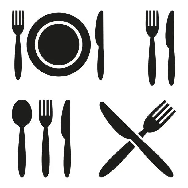 Vector illustration of Plate, fork, spoon and knife icons.