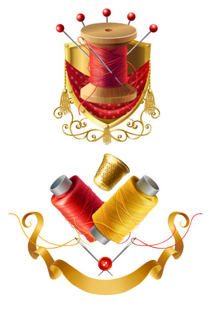 ilustrações de stock, clip art, desenhos animados e ícones de vector 3d realistic tailor emblems for sewing - needle thread sewing red