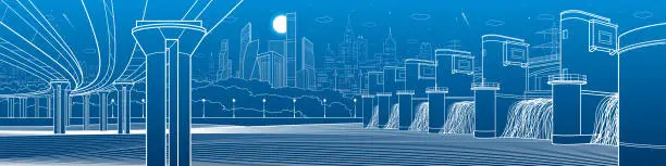 Vector illustration of City infrastructure industrial illustration panorama. Hydro power plant. River Dam. Large automobile bridge. Energy station. White lines on blue background. Vector design art