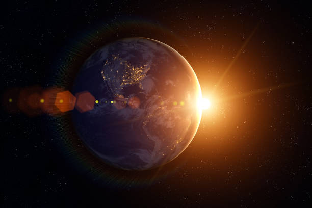 terra, sole, spazio. alba. - satellite view earth globe sunrise foto e immagini stock