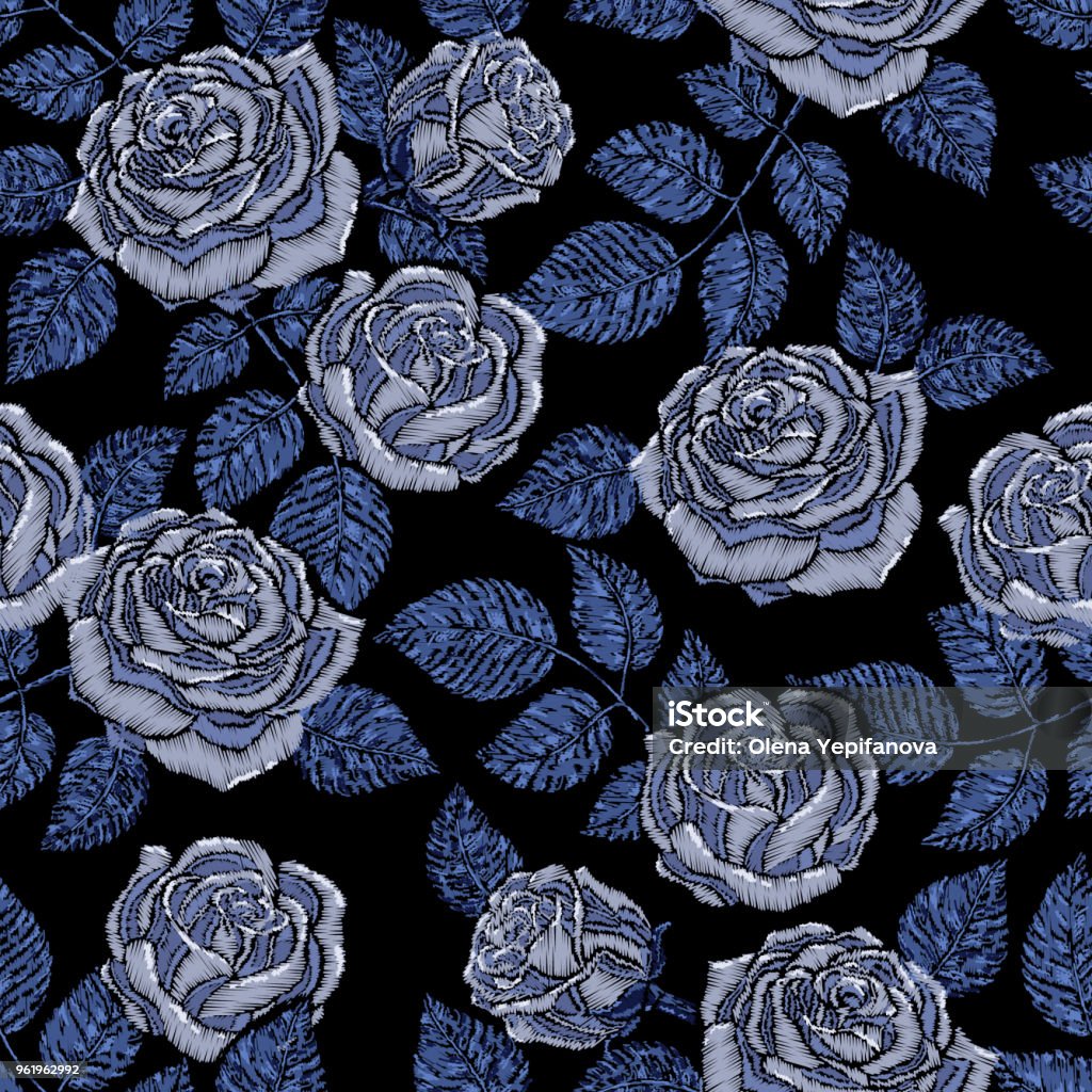 Embroidery Seamless Pattern Texture Wallpaper Background With Beautiful  Blue Roses Vector Floral Ornament On Black Background Template For Printing  Textiles Design Stock Illustration - Download Image Now - iStock