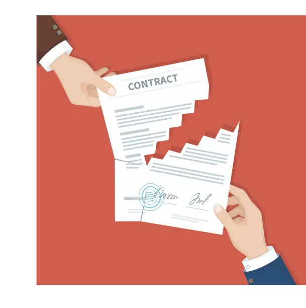 Vector illustration of Contract termination concept. Two businessman hands tearing document apart. The end of agreement. Vector illustration in flat design for business concept