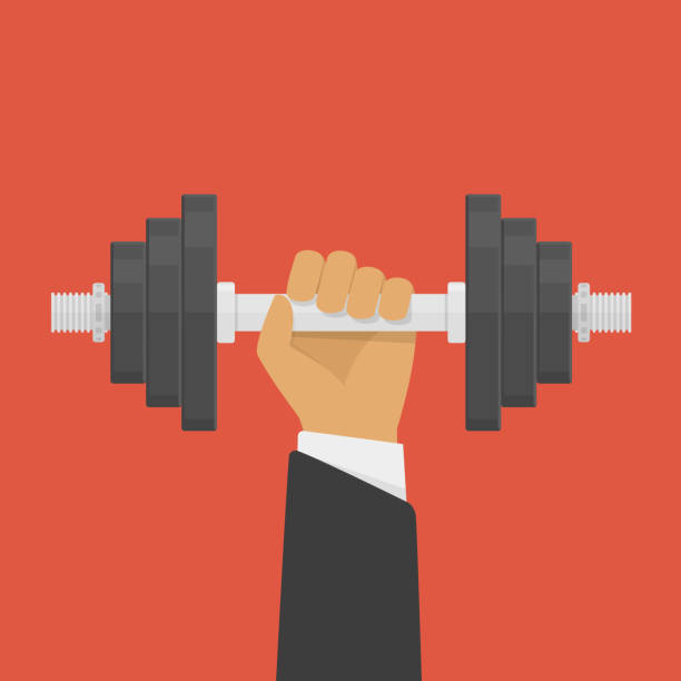 Hand holding dumbbell. Hand of Businessman holding dumbbell. Dumbbell weight. Strength, power and success concept. Vector illustration in flat style. EPS 10. lift weights stock illustrations