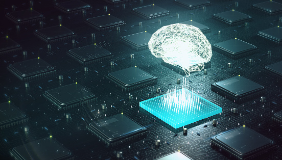 Máquina de aprendizaje, inteligencia artificial, ai, blockchain concepto de redes neuronales de aprendizaje profundo. Cerebro con brillante estructura metálica encima de blockchain múltiples cpu en circuitos 3d render. photo