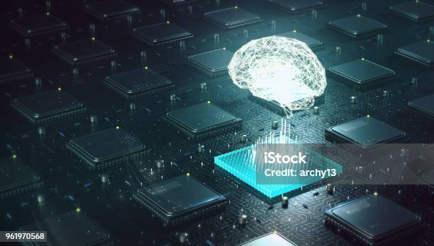 機械学習人工知能人工知能深い Blockchain ニューラル ネットワーク概念の学習します複数の Blockchain 上のワイヤ フレームを輝かせて成っている頭脳回路基板の 3 D レンダリングの Cpu - 人工知能のストックフォトや画像を多数ご用意