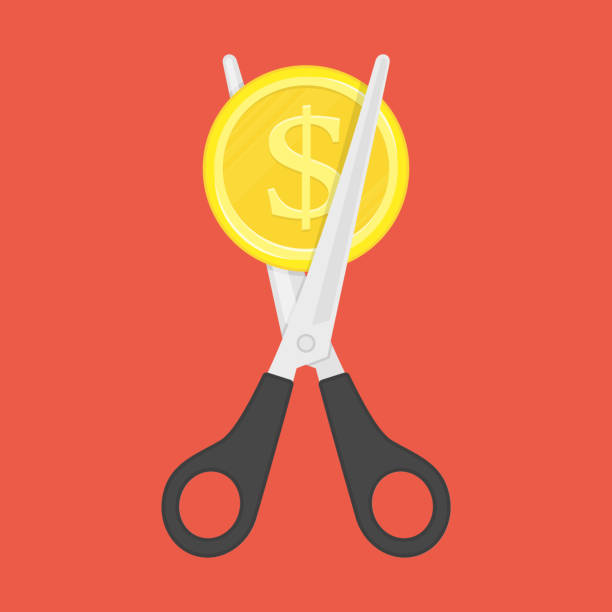 Scissors cutting money. Scissors cutting money. Sale and Discounts symbol. Concept of cost reduction or cut price. Vector illustration in flat style. EPS 10. low section stock illustrations
