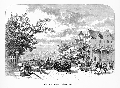 Very Rare, Beautifully Illustrated Antique Engraving of Horse Carriages on the Drive in Newport, Rhode Island, United States, American Victorian Engraving, 1872. Source: Original edition from my own archives. Copyright has expired on this artwork. Digitally restored.