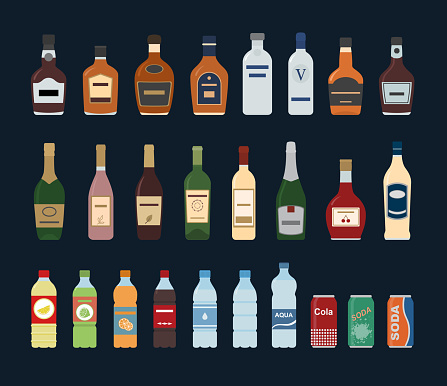 Large set of isolated water and alcohol bottle icon on black background. Vector illustration.