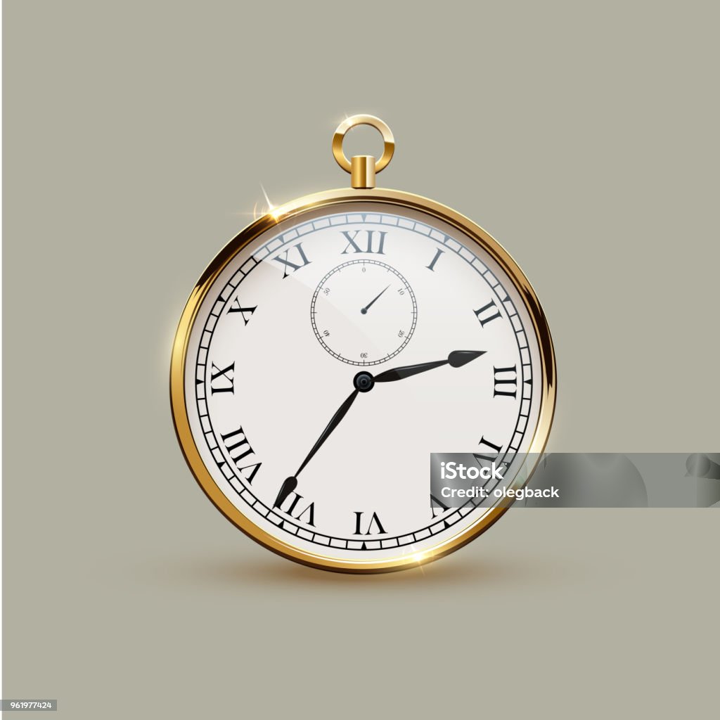 Golden realistic vintage watch isolated on gray background. Vector illustration. Clock stock vector