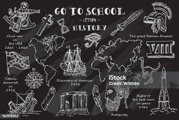 History Hand Sketches On The Theme Of History Chalkboard Vector Illustration Stock Illustration - Download Image Now