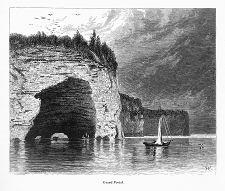 Very Rare, Beautifully Illustrated Antique Engraving of Grand Portal, Lake Superior, Minnesota, United States, American Victorian Engraving, 1872. Source: Original edition from my own archives. Copyright has expired on this artwork. Digitally restored.