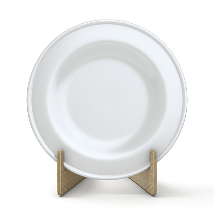 unrecognizable chef holding empty white plate on white background and there is free space at right side