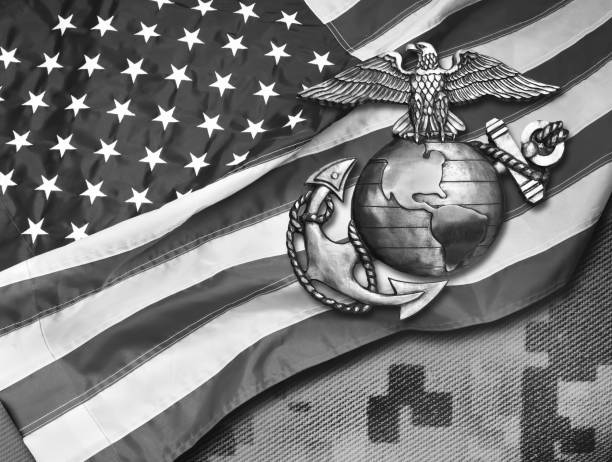 Marine Semper fi. Marine eagle, globe and anchor with American flag background. us marine corps stock pictures, royalty-free photos & images