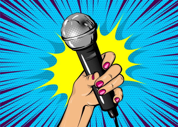 Woman pop art hand hold microphone News comic text speech bubble. Woman pop art style fashion. Girl hand hold microphone cartoon vector illustration. Retro poster comimc book performance. Entertainment halftone background. popart hand stock illustrations
