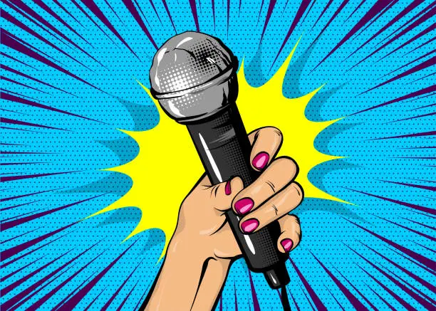 Vector illustration of Woman pop art hand hold microphone