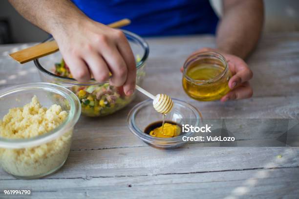 Young Chef Making Honeymustard Dressing Stock Photo - Download Image Now - Salad Dressing, Honey, Mustard