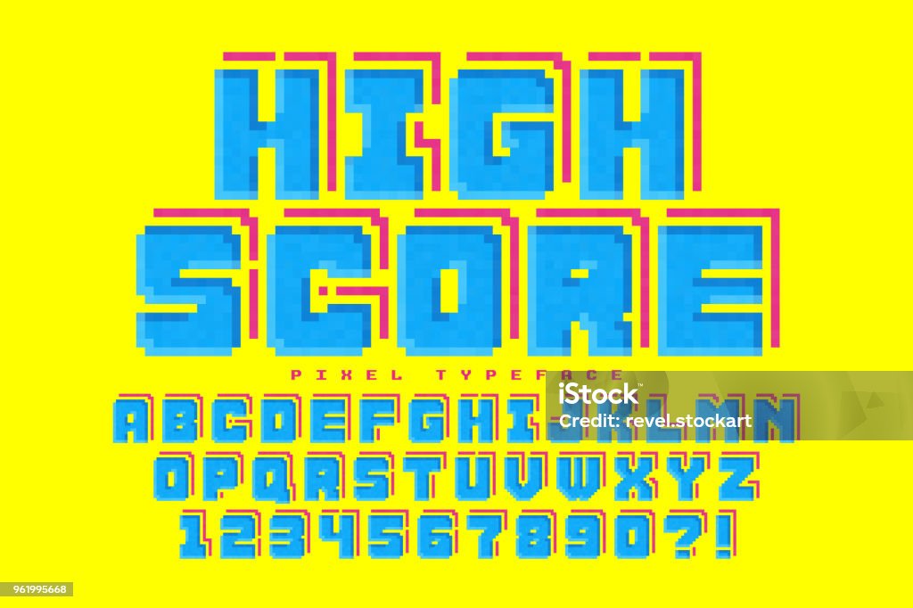 Pixel vector font design, stylized like in 8-bit games Pixel vector font design, stylized like in 8-bit games. High contrast, retro-futuristic. Easy swatch color control. Video Game stock vector
