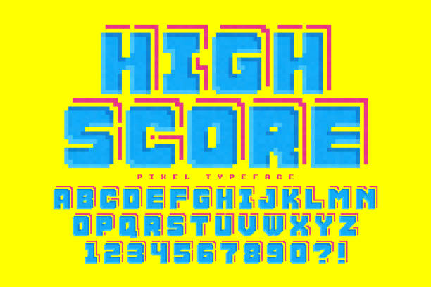Pixel vector font design, stylized like in 8-bit games Pixel vector font design, stylized like in 8-bit games. High contrast, retro-futuristic. Easy swatch color control. old-tv-set-console stock illustrations