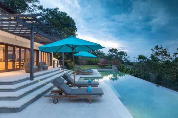 istock Illuminated luxurious villa with swimming pool in Bali at sunset 962000046