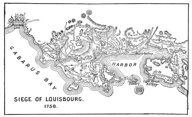 antike landkarte von der belagerung von louisbourg - 18. jahrhundert - louisbourg stock-grafiken, -clipart, -cartoons und -symbole