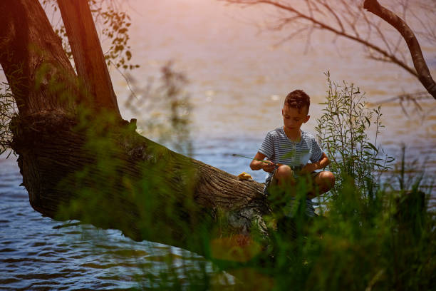 boy fishing near beautiful pond with fishrod - ticket ticket stub park fun imagens e fotografias de stock